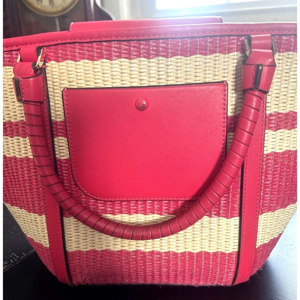 Kate Spade Cruise Medium Straw Handbag Bikini Pink Summer Tote Purse - Picture 3 of 5